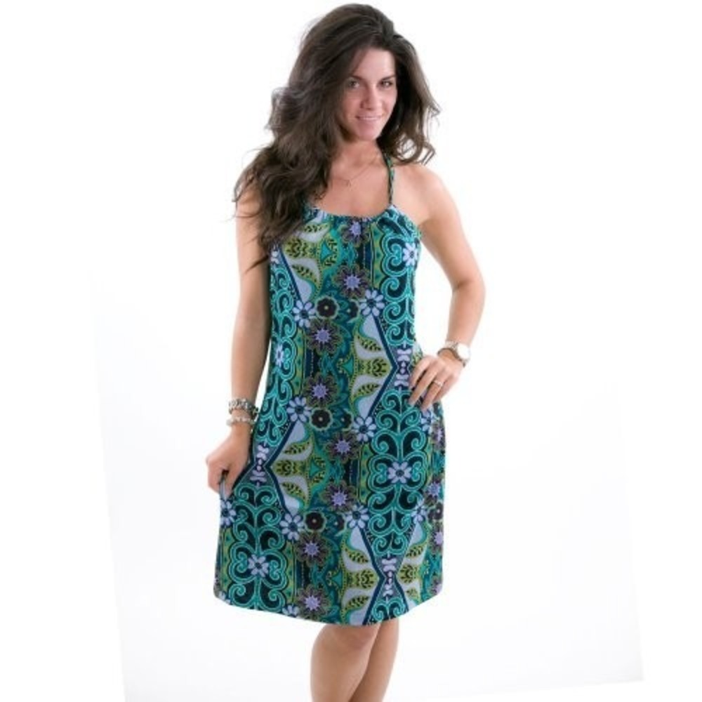 Prana Womens Dress Small Green Blue Paisley Floral‎ Halter Racerback Breathe